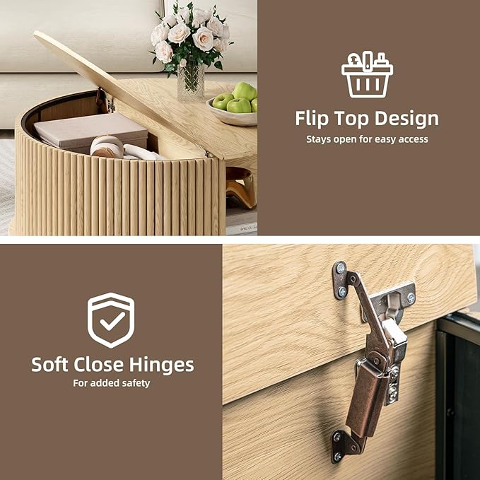 Round Coffee Table with Storage,31.5" Modern Coffee Table with Sliding Tambour Door & Bun Feet,Fluted Center Table for Living Room, Small Space,Oak