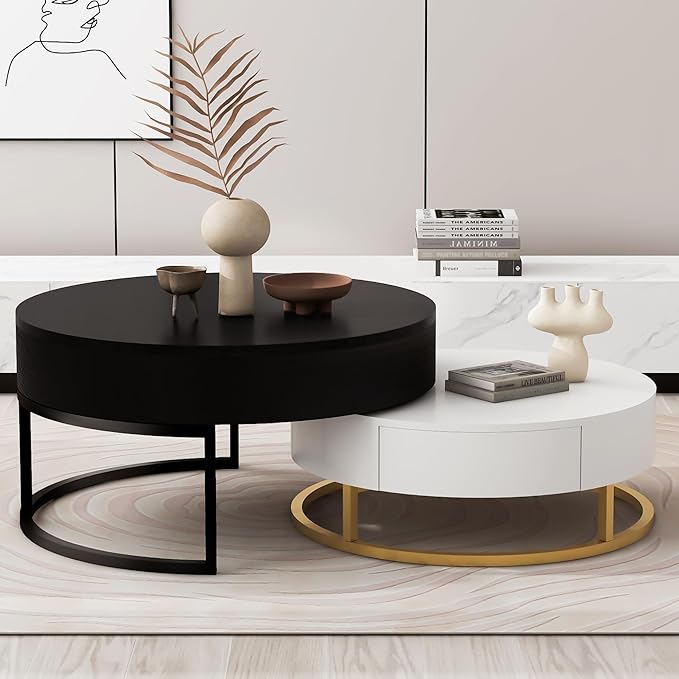 Modern Round Lift-top Nesting Coffee Tables with 2 Drawers for Living Room White & Black