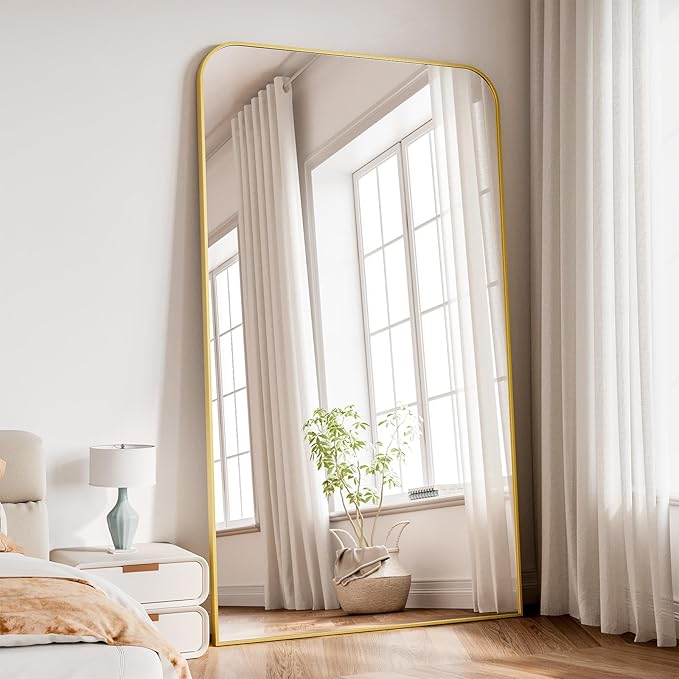 Koonmi Full Length Mirror, 81"x41" Mirror Full Length with Stand, Gold Domed Top Square-Edged Floor Mirror with Aluminum Alloy Frame for Bedroom Living Room