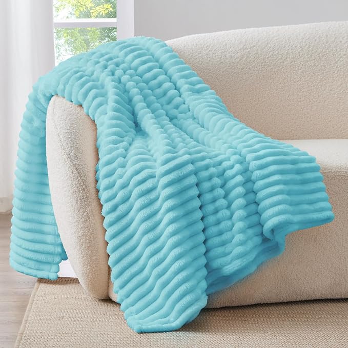 BEDELITE Twin Blanket for Couch & Bed, 300GSM Soft & Warm Fleece Blanket, Decorative and Giftable Striped Sky Blue Blankets for Women, Men, 60"x80"