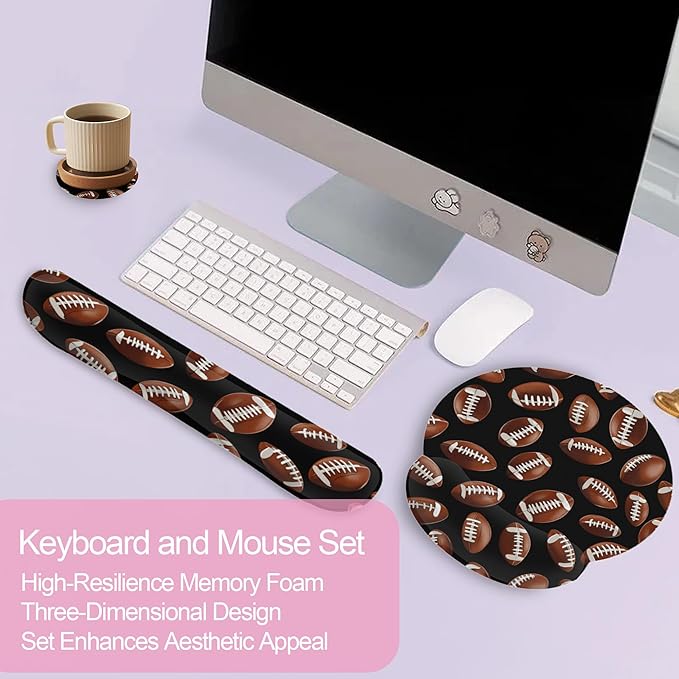 American Football Keyboard Wrist Rest Pad and Mouse Pad Wrist Support Set,3-in-1 Ergonomic Mouse Pad with Non-Slip Rubber Base for Home Office Game Computers Desk,
