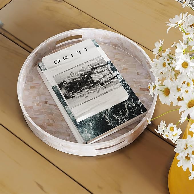 PEMAR 12.6” Mother of Pearl Round Serving Tray with Handles, Decorative Nacred Wooden Ottoman Coffee Table Tray (White Tiles)