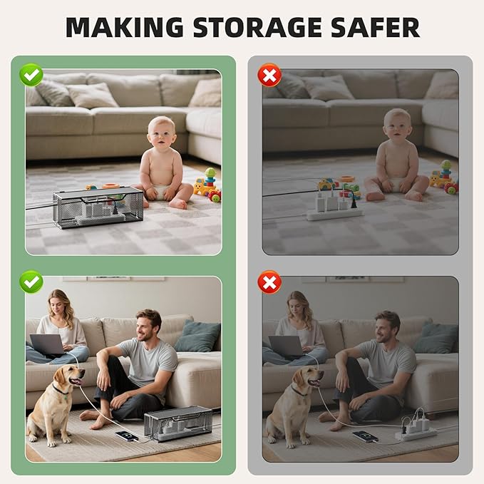 Marbrasse 3 Pack Cable Management Box, Metal Mesh Cord Organizer Box for TV Wires, Electrical Hiding, Power Strip – Under Desk Cable Storage Box with Cable Clips&Reusable Cable Ties for Home/Office