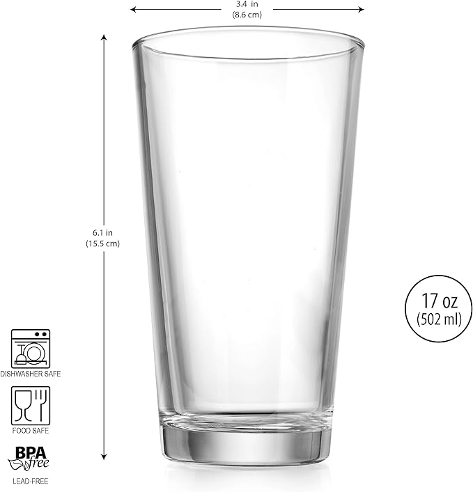 Drinking Glasses Set. Highball Glass Cups 17 oz by Home Essentials Water Colins Cooler Beverage Glassware. For the Bar, Beer, Juice, Iced Tea, and Cocktails. Dishwasher Safe. (Set of 4)