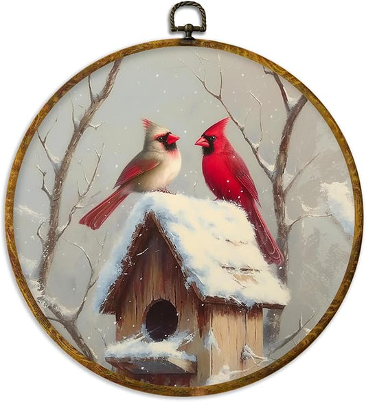 XPH Rustic Winter Cardinal Bird Round Wall Art Framed, Farmhouse Red Cardinal Circle Wall Decor, Cozy Winter Bird Hanging Canvas Prints for Home Bedroom Living Room Decoration, 10x10 Inch