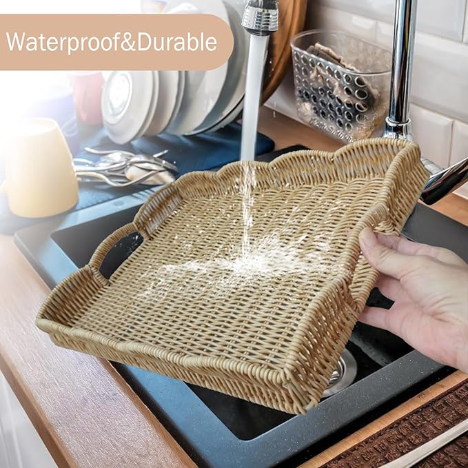 Serving Tray with Scalloped Edge, Rectangular Wicker Tray with Handles, Ideal for Breakfast or Meals in Bed and on Sofa, Decorative Coffee Table Tray to Enhance Dining (Coffee Brown)