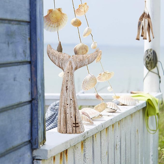Morning View Wooden Whale Tail Decor - Rustic Nautical Free Standing Wooden Statue - 13.6 Inch High
