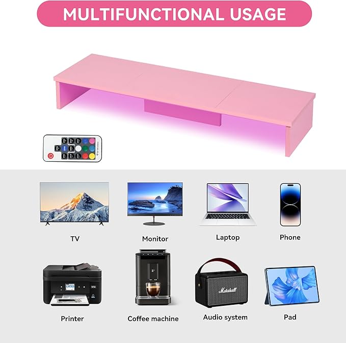 Dual Monitor Stand Riser with LED Lights, Large Monitor Stand for Desk, Computer Monitor Stand for 2 Monitors, Desk Shelf for Top of Desk, Desktop Organizer for Laptop, Printer, TV, Pink
