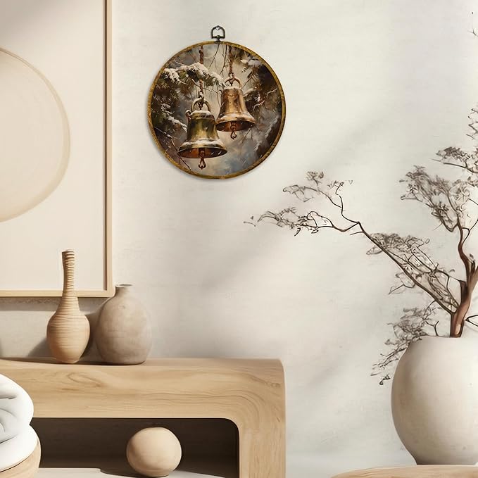 CUANFDDSF Vintage Winter Bells Round Wall Art Decor, Rustic Christmas Xmas Golden Bells Holiday Wall Hanging Frame Decor, Elegant Christmas Canvas Prints Decorations for Home Bedroom, 10x10 Inch