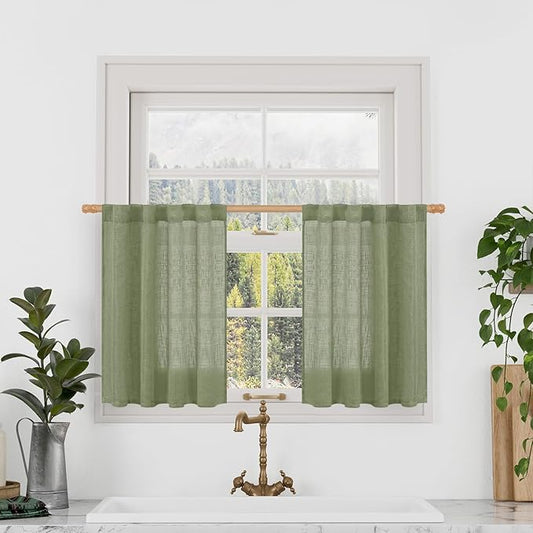 LAMIT Sage Green Linen Curtains 24 Inch Length, Semi Sheer Light Filtering Window Panels Back Tab and Rod Pocket Drapes for Basement/Small Windows, 25 x 24 Inch, 2 Panels
