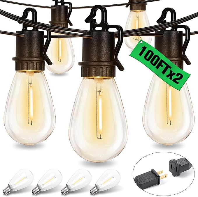 200FT Outdoor String Lights with 104 Shatterproof S14 Vintage Edison Bulbs E12 Sockets,2700K Dimmable Outdoor Lights,IP55 Waterproof LED String Lights for Outside, Patio, Garden, Backyard,Bistro