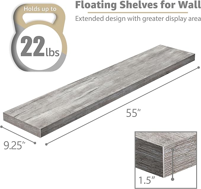 Sorbus Floating Shelves for Wall - 55 Inch Extra-Long Bathroom Shelves, Wall Decor for Bedroom, Kitchen, Living Room, Book Storage - Mounted Floating Shelf with Hidden Brackets (Gray, 3 Pack)