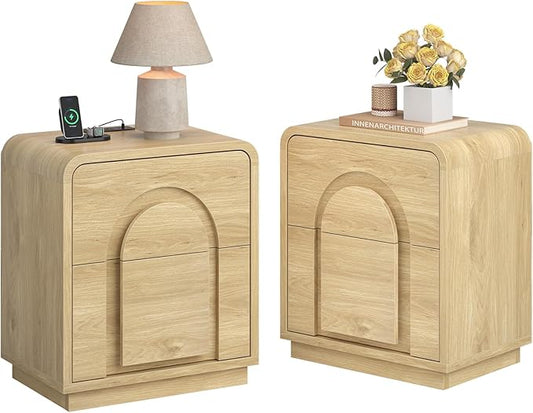 Bestier Night Stand Set of 2, Nightstands with Charging Station, Mid Century Modern Bedside Table with 2 Drawers Storage, Arch Design Doors, Curved Profile, Side End Tables for Bedroom