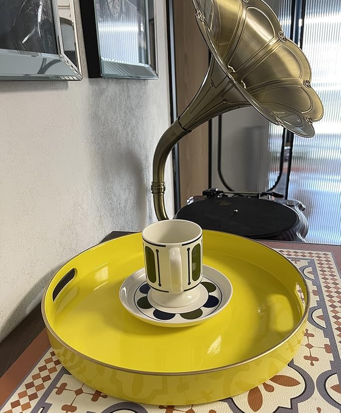 Zosenley Decorative Tray, Round Plastic Tray with Handles, Modern Vanity Tray and Serving Tray for Ottoman, Coffee Table, Kitchen and Bathroom, Size 13” (Yellow)