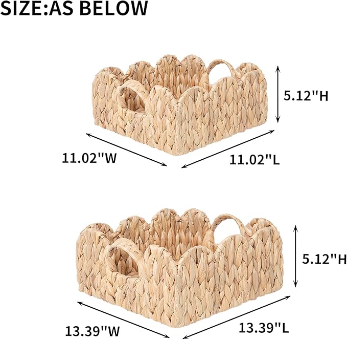 Water Hyacinth Scalloped Trays, Wicker Serving Trays with Handles, Woven Rattan Square Seagrass Tray for Decor, Set of 2