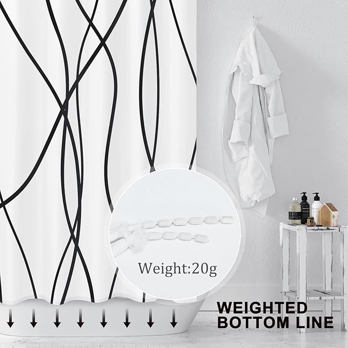 Punkray Black and White Striped Wavy Line Polyester Shower Curtain for Bathroom with Hooks, Weighted Hem, Waterproof Bath Accessories Hotel Style, 72 x 72