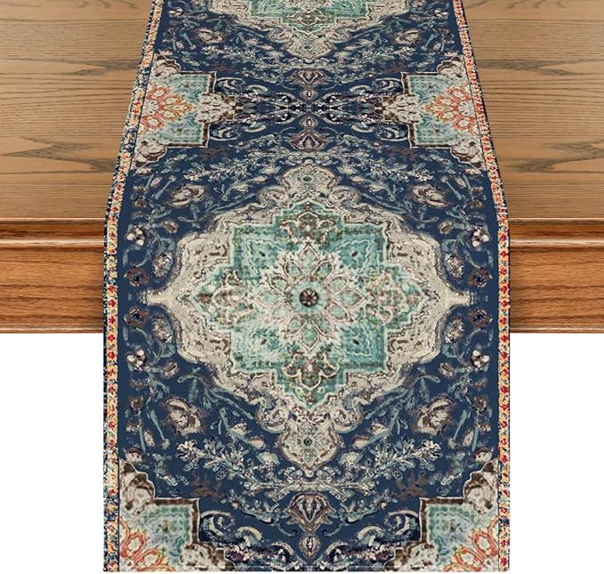 Artoid Mode Boho Bohemia Style Blue Table Runner, Country Rustic Farmhouse Magical Winter Kitchen Dining Table Decoration for Home Party Decor 13x72 Inch