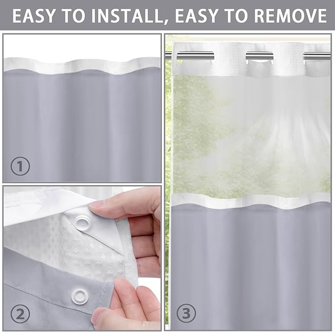 YellyHommy Waterproof Fabric Snap in Shower Curtain Liner Replacement with 2 Magnets71 W x 55" L for 72" W x 75" L No Hook Shower Curtain - Removable & Detachable to Wash - Gray