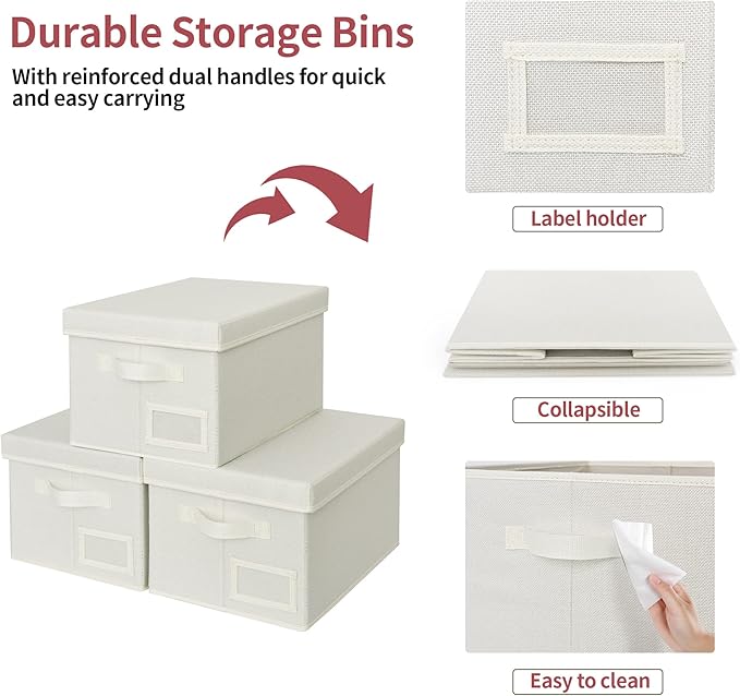 GRANNY SAYS Storage Baskets for Organizing, Linen Closet Shelf Organizers and Storage Containers with Label Holder, Large Storage Bins with Lids for Bedroom, Ivory, 3-Pack