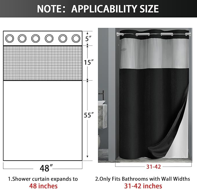 YellyHommy No Hook Shower Curtain with Snap in Fabric Liner Set Less Time Black Waffle Shower Curtain for Bathroom 75" L x 48" W