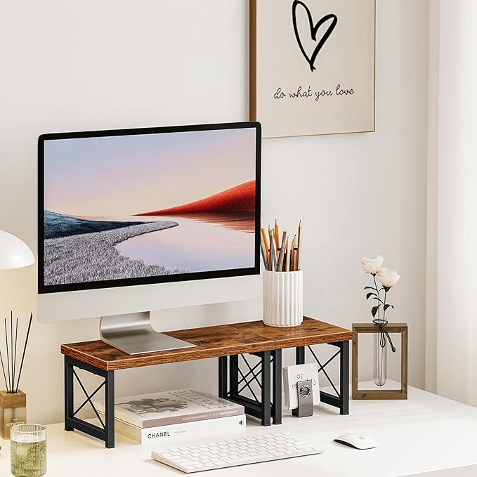 Honiter Desk Shelf Organizer, Desk Shelf for Top of Desk, 2 Tier Adjustable Small Bookshelf Organizer, Freestanding Stackable Desktop Stand, Kitchen Counter Display Rack, Rustic Brown