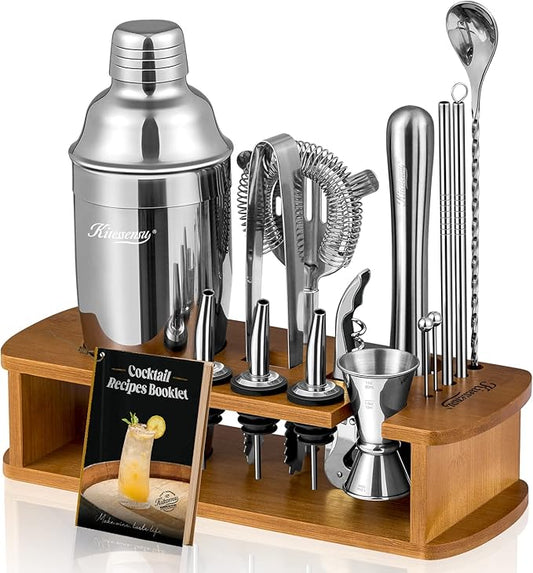 KITESSENSU Cocktail Shaker Set Bartender Kit with Stand | Bar Set Drink Mixer Set with All Essential Accessory Tools: Martini Shaker, Jigger, Strainer, Mixer Spoon, Muddler, Liquor Pourers |Silver