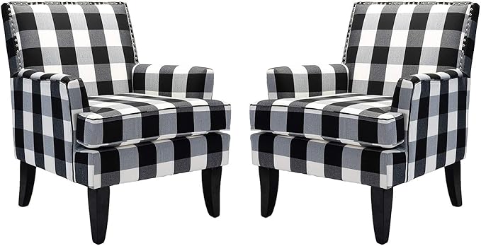 HULALA HOME Modern Accent Chairs Set of 2, Farmhouse High Back Buffalo Plaid Chairs with Wooden Legs & Nail Head Trim, Comfy Upholstered Armchairs for Living Room/Bedroom (Buffalo Black)