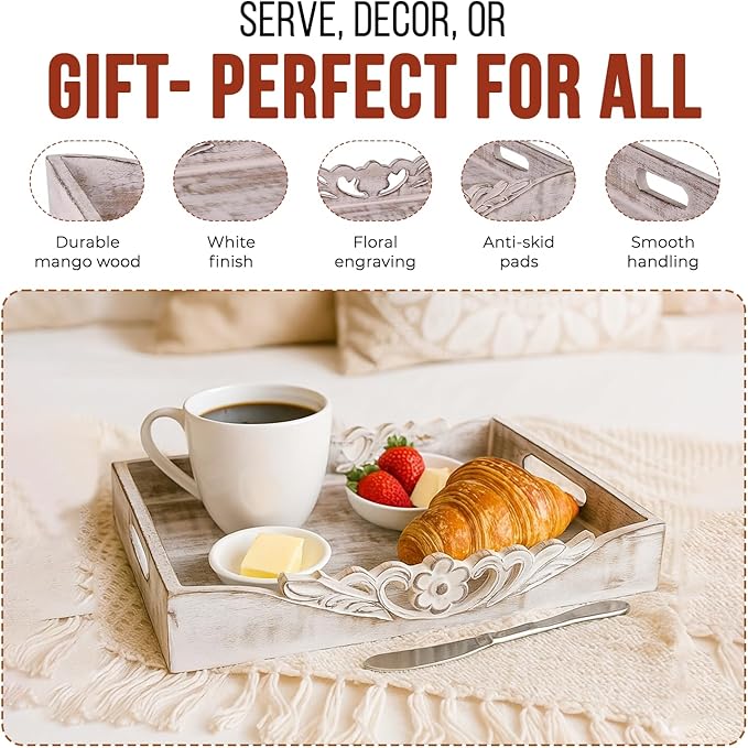 Mela Artisans Distressed White Wooden Decorative Tray with Handles | 16x12x2.5 Mango Wood Ottoman Tray | for Kitchen Countertop | Coffee Table | Snacks | Desserts | Breads | Bedroom Decor