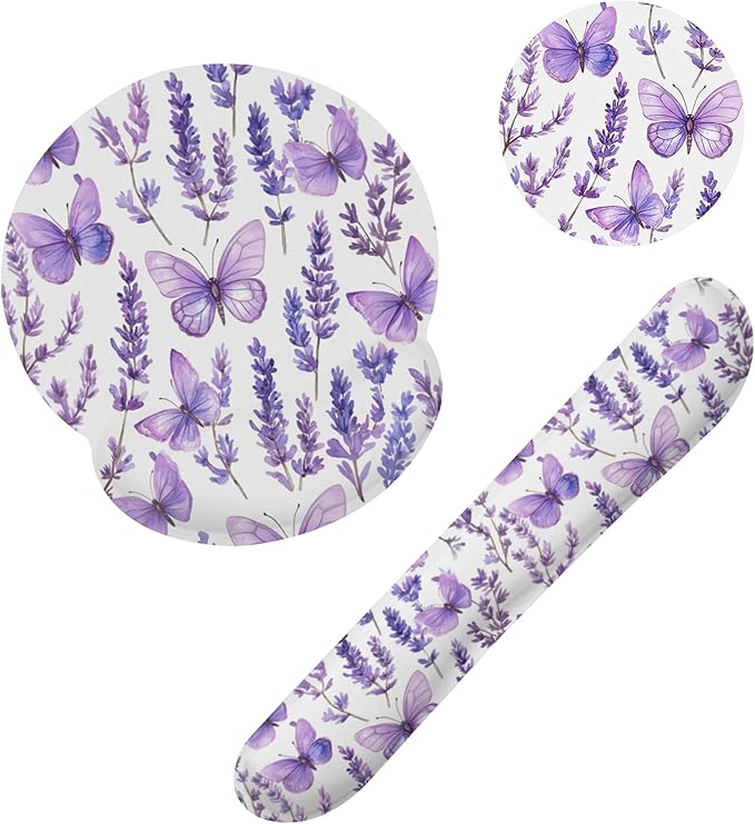 Lavender Butterfly Mouse Pad with Wrist Rest and Keyboard Wrist Rest Set, Non-Slip Rubber Base Memory Foam Mouse Pad Set for Women, Office Desk Accessories, Gaming