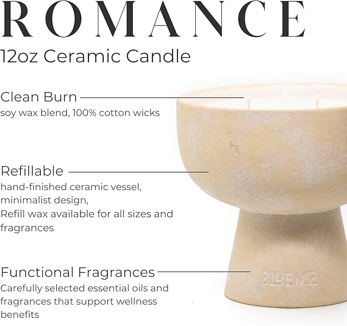 BLUEME Oakmoss & Sandalwood, Luxury Candle w/Essential Oils, 3 Wick, Hand-Poured Soy, Cotton Wick, Ceramic