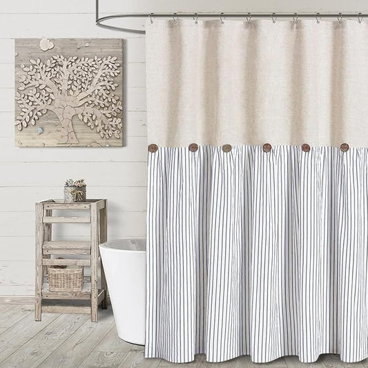 Awellife Farmhouse Blue Shower Curtain Button Linen Textured Woven Fabric,Pleated Blue Stripe,Country Style,72" W x 78" L
