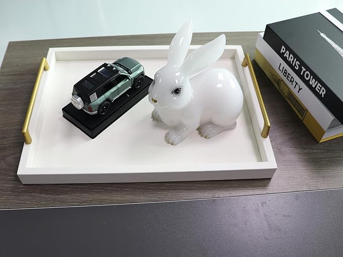 MCBZ Home Decor Rectangular Decorative Tray, Wooden Leather Serving Tray with Gold Hardware Carrying Handles, Suitable for Party Birthday Wedding Family All Occasions 16.5 * 12.6"（Creamy White）