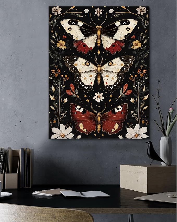 Aesthetic Moths Wall Art Decor Gothic Dark Academia Moth Canvas Print Poster Botanical Framed Painting Wall Decorations for Home Farmhouse Living Room Bedroom Decor 11x15 Inch