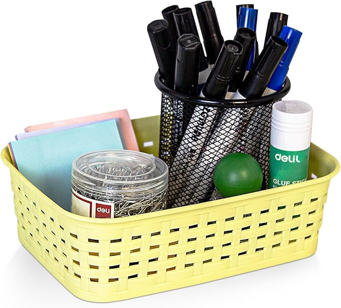 Soddeph Plastic Storage Baskets for Cabinets, Household Pantry Organization with Handle,Organizer Bins for Room,Bathrooms,Under-Sink,Kitchen (Yellow, XS-3PACK)