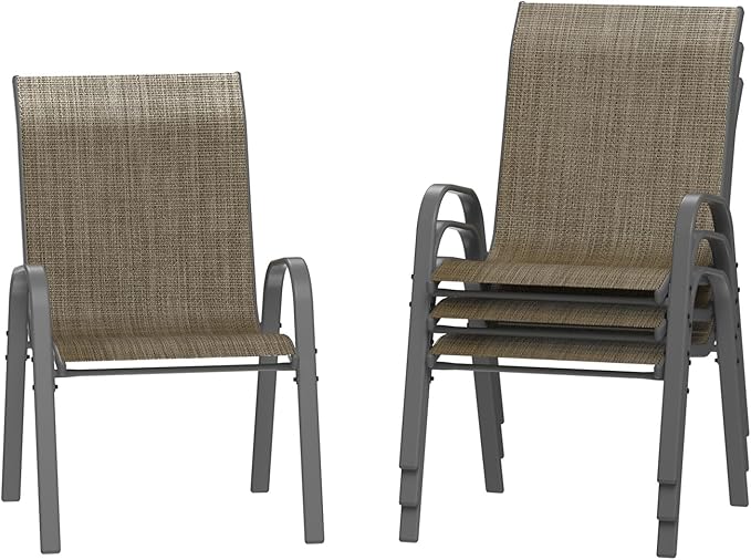 Amopatio Patio Chairs Set of 4, Outdoor Stackable Dining Chairs for All Weather, Dark Brown, Breathable Garden Outdoor Furniture for Backyard Deck