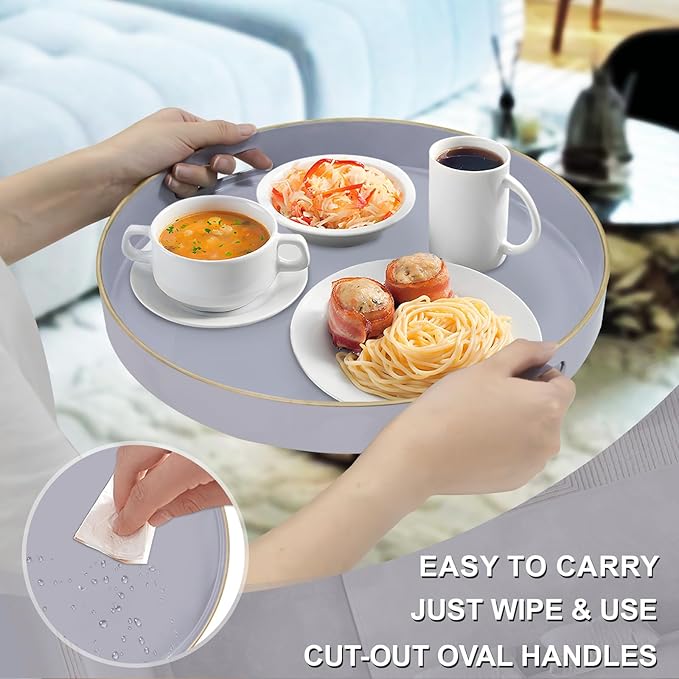 MAONAME 13" Gray Round Tray, Grey Serving Tray with Handles, Modern Round Decorative Trays for Coffee Table, Plastic Trays for Ottoman, Bathroom, Decor