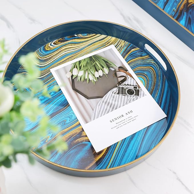 Spsyrine Round Decorative Tray, 13" Plastic Marble Serving Tray with Handles for Breakfast, Ottoman, Coffee Table, Bathroom, Kitchen, Living Room