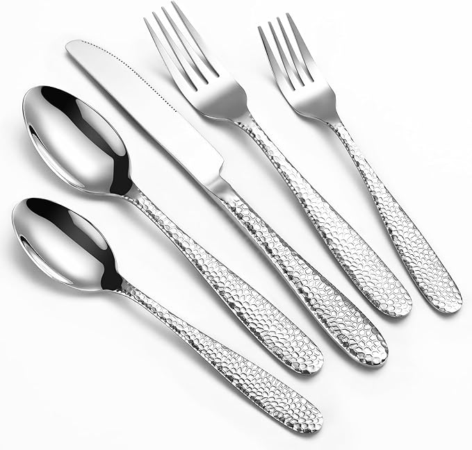Hammered Silverware Set, 20-Piece Heavy Duty Stainless Steel Flatware Sets for 4, Food-Grade Cutlery Set for Home Restaurant, Mirror Polished, Dishwasher Safe
