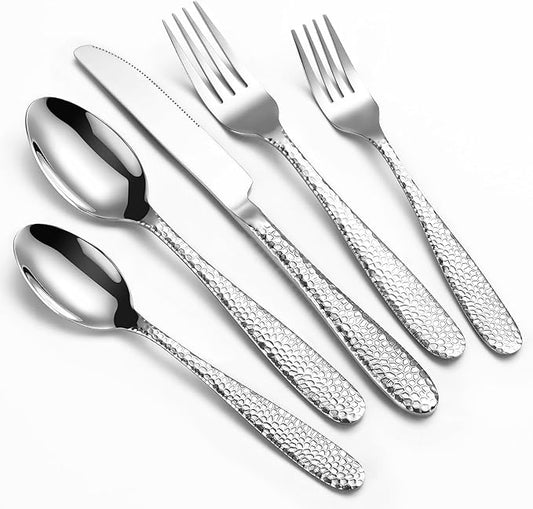 Hammered Silverware Set, 40-Piece Heavy Duty Stainless Steel Flatware Sets for 8, Food-Grade Cutlery Set for Home Restaurant, Mirror Polished, Dishwasher Safe