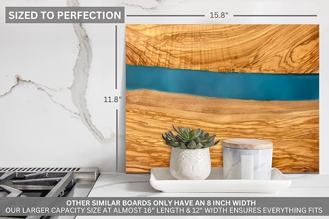 Handcrafted Italian Olive Wood Cheese & Charcuterie Board Set with Unique Blue Resin Artwork - Cutting Board Comes with 4 Cheese Knives, 2 Dipping Bowls & Corkscrew Wine Opener (Blue)