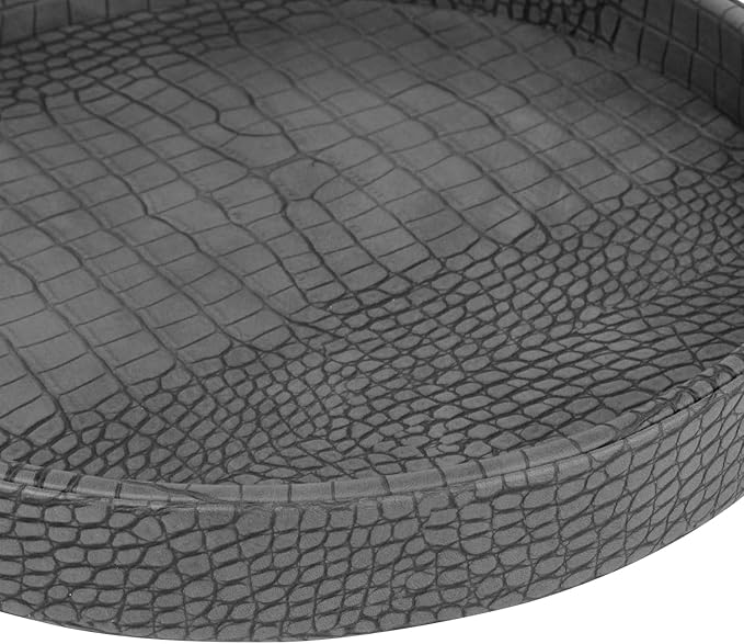 HofferRuffer Faux Leather Round Serving Tray, Vegan Croco Leather Decorative Tray, Food Tray for Storage Drinks, Snack & Cosmetics, Dia.12'' x 1.6'' (Dark Grey)