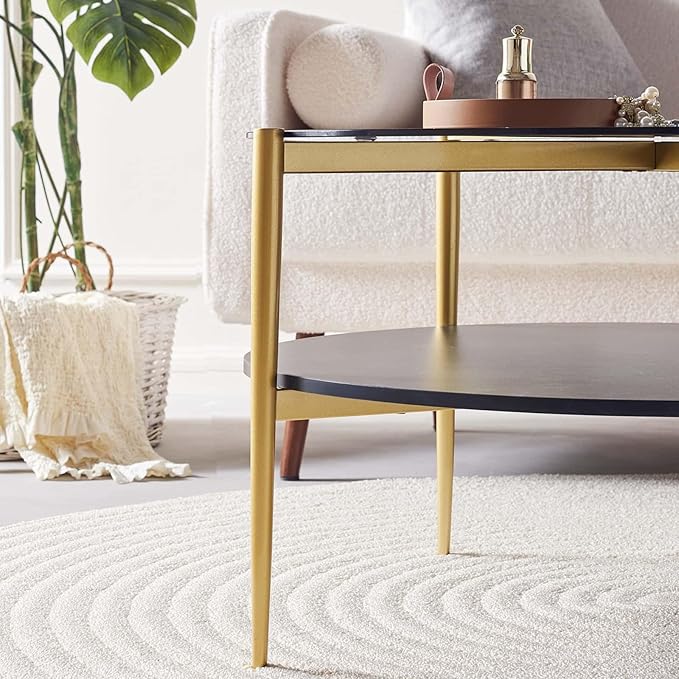 Round Coffee Table for Living Room, Mid-Century Modern Design, D30 x H17, 2-Tier Structure, Grey Glass Top and Black Marble Finish Wood Shelf, Sleek Conical Metal Legs with Gold Finish Frame