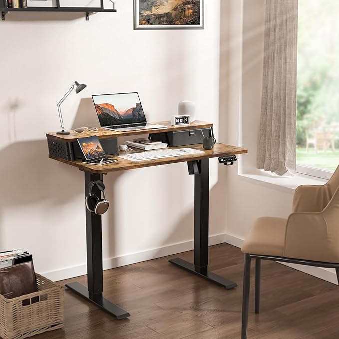 40 x 24 Inch Standing Desk with 2 Drawers, Easily Assembled Height Adjustable Desk, Ergonomic Sit to Stand Electric Desk for Home Office Workstation, Rustic Brown