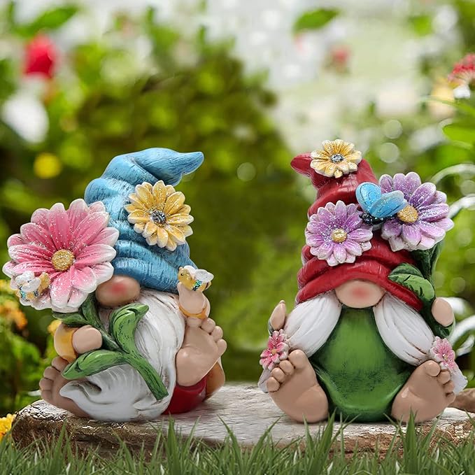 Hodao 2pcs 4" H Spring Summer Gnome Garden Decorations- Tomte Elf Fall Gnome Decorations Gifts -Swedish Elf Dwarf Figurine Table Gnome Decor Indoor Home Decorations (Gnome Color 1)