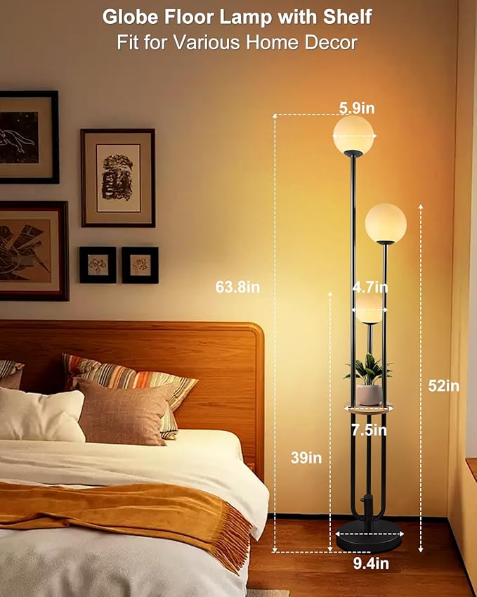 Lightdot Full Dimmable Floor Lamp for Living Room 3-Globe Standing Lamp with Table Candle Holder Style Black Tall Lamps for Bedroom Office Cafe with 3000K Soft Warmwhite Bulbs Included
