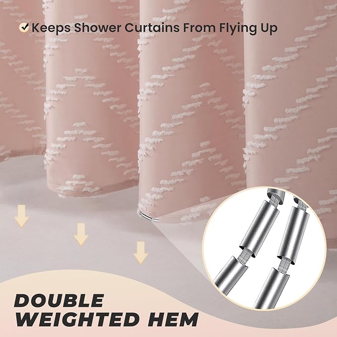 Extra Long Blush Pink Boho Shower Curtain Cute Shower Curtain Textured Tufted Chevron Striped Minimalist 72 x 84