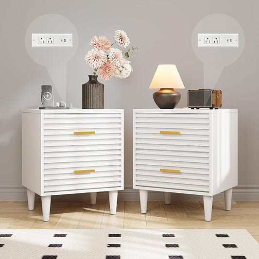 Alohappy Night Stand with Charging Station Set of 2, Bedside Table with 2 Drawers, Mid Century Modern End Table, Bed Side Table with USB Ports and Outlets, Nightstand for Bedroom, White 2pcs
