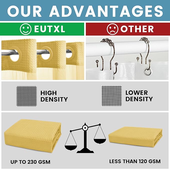 Yellow No Hook Shower Curtain with Snap in Liner,230GSM Waffle Weave Shower Curtains for Bathroom,71W x 74H