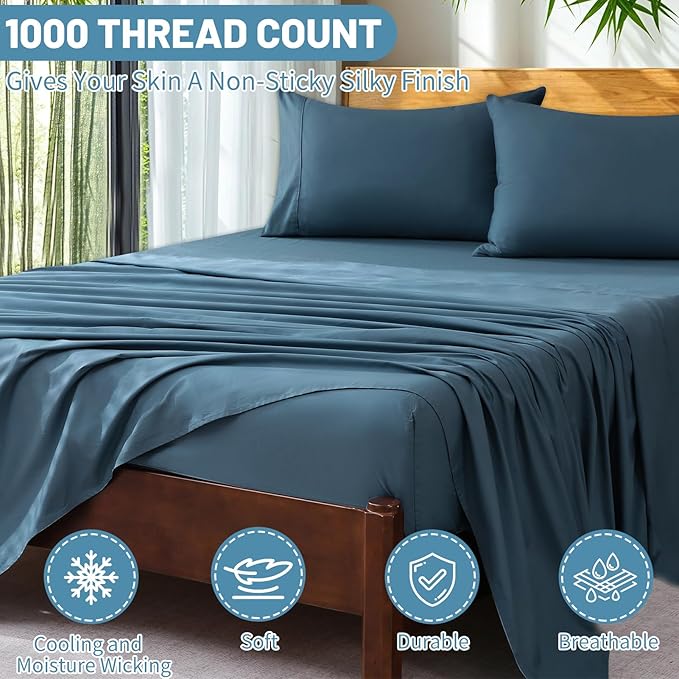 Extra Deep Pocket King Sheets 18-24 Inch 100% Egyptian Cotton 1000 Thread Count Sateen Weave Soft Breathable 4 Pieces（King，Dusty Blue）