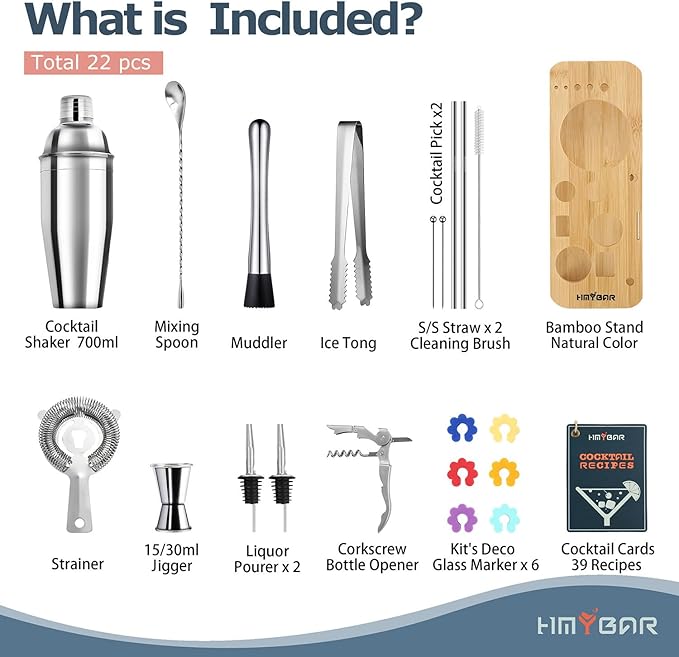 HMYBAR® 22-pc Cocktail Shaker Set(24oz/700ml) | Mixology Bartender Kit | Bar Tool Set | Martini Making Set with 39-Recipe Cocktail Cards & Kit's Deco, Bamboo Stand Natural Color, Silver Tools
